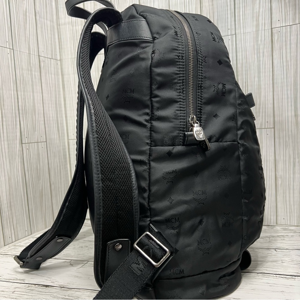 MCM Stark Backpack Black Nylon Logo Print Medium Unisex Designer Travel Bag - Picture 7 of 16